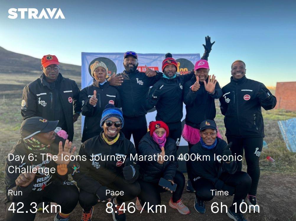 LukhanyoZ's tweet photo. Day 6 of 8 (254.3km of 400km) completed!😅💪🏾
It’s been a wonderful experience and we taking it one day at a time. Icons from across the country, running to change people’s lives.✊🏾
#icons4change❤️
#runtoendhunger🙏🏾
#400kmiconicchallenge24
#RunningWithTumiSole 
#FetchYourBody2024 https://t.co/ZWzTrQI0ng