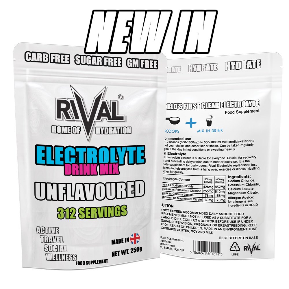 DeluxeFuel's tweet photo. NEW IN: Rival unflavoured electrolytes in a recyclable ♻️ and resealable pouch #gym #fitness #hydration #electrolytes #hot #uk https://t.co/JkXfxhRJMK