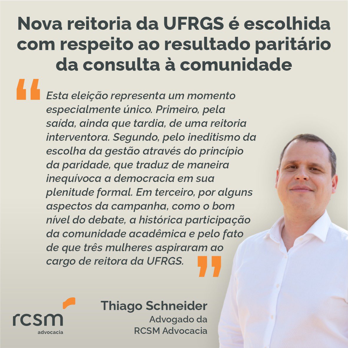 AdvocaciaRcsm's tweet photo. Pela primeira vez, a nova reitoria da UFRGS foi escolhida em uma eleição paritária, na qual os votos de alunos com matrícula ativa, professores e técnicos-administrativos tiveram o mesmo peso.

🔗 Leia em: https://t.co/C5qjfHYCwg

#RCSMAdvocacia #EleiçõesUFRGS #EleiçõesParitárias https://t.co/C1130XbcP8