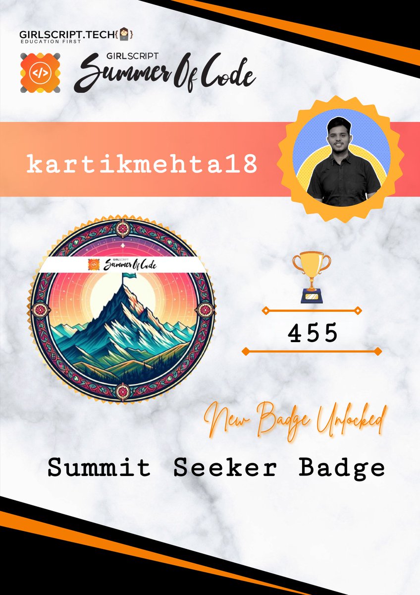 Kartikmehta_png's tweet image. I have achieved 134 rank in @girlscriptsoc 
Leaderboard This has been quite an eventful journey so far with me starting in Open-source Contributions. I have done over 32 PR&apos;s since the start of this event and scored  455 points till now
#gssoc #gssocbadge #girlscript