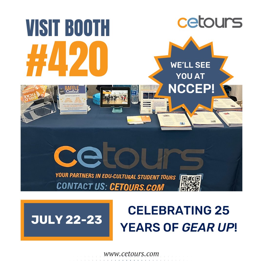Cetours's tweet photo. 🚀 We'll see you at the NCCEP/Gear Up Conference!  

Stop by booth #420 to discover transformative travel experiences for your students and enter our raffle contest!🎁

Let’s make your travel dreams a reality! 🌍

#NCCEP #GEARUP #GEARUPworks #EducationalTravel #StudentTours https://t.co/Qr91Q0h9Uc