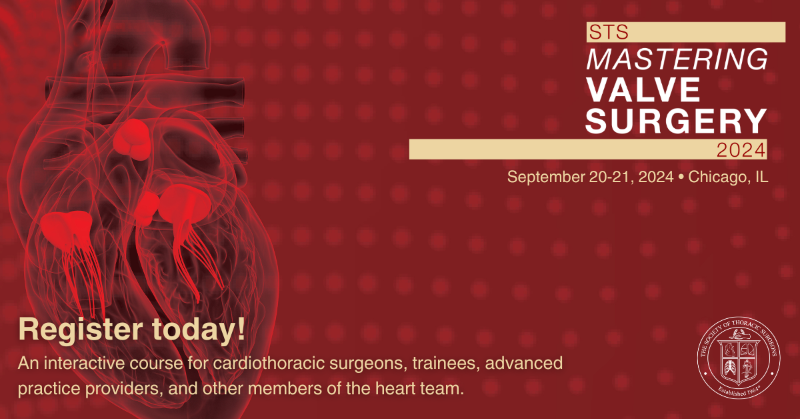 STS_CTsurgery's tweet photo. Register now to attend the STS Mastering Valve Surgery Workshop, Sept. 20-21 in Chicago. Featuring didactic lectures and hands-on simulation sessions, the course will explore all aspects of valve surgery, plus #AFib. View the agenda and sign up with your team.