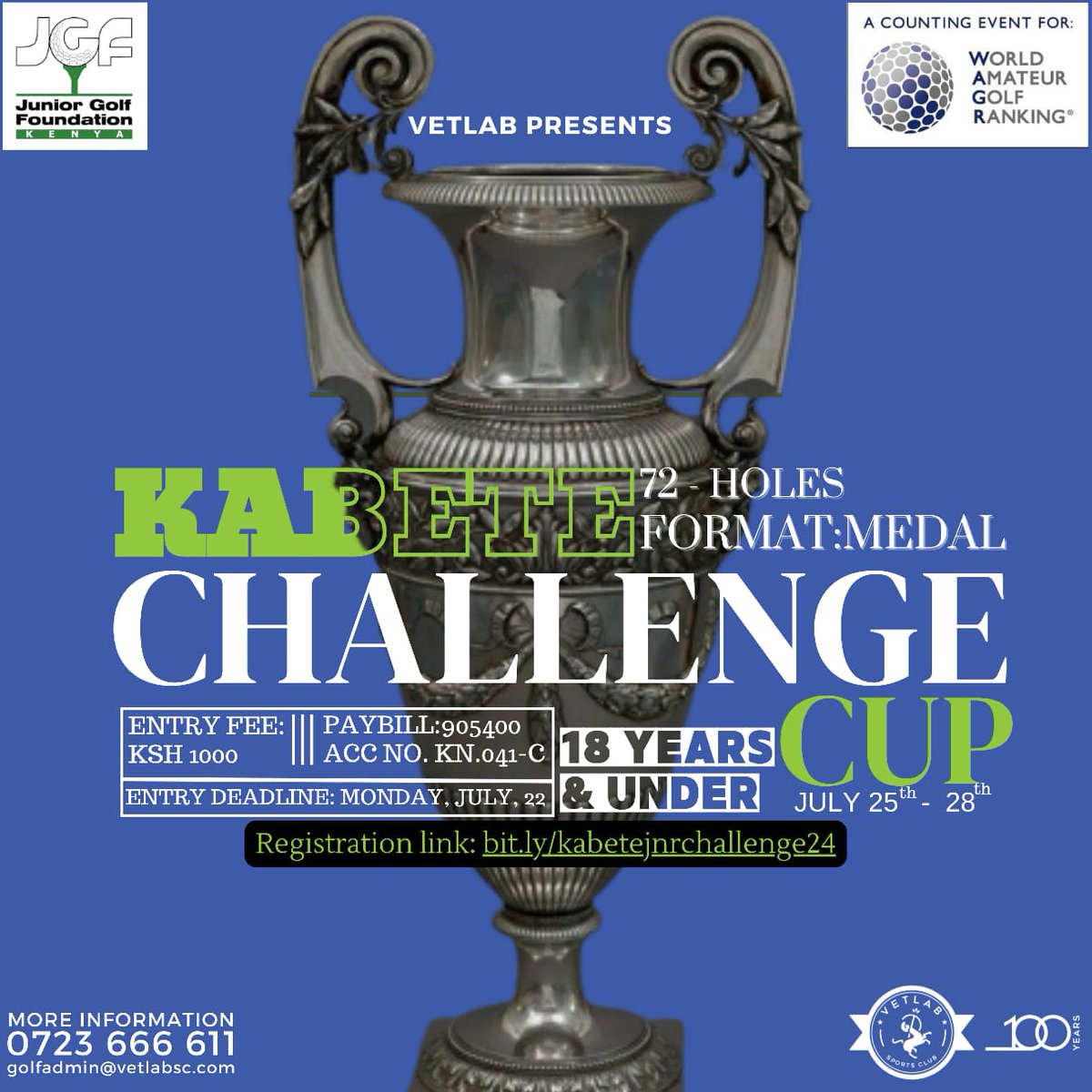 JGFKenya's tweet photo. Time to swing back to the active tournament period in the JGF Calendar.

The 2nd Kabete Junior Challenge Cup is set for the 25th-28th of July 2024 at @vetlabsc 

Registration Link: https://t.co/6KmFV9ZOyk

Registration Deadline: Monday, 22nd July 2024, 6.00pm
@KenyaGolfUnion https://t.co/tHe8UWxzwS