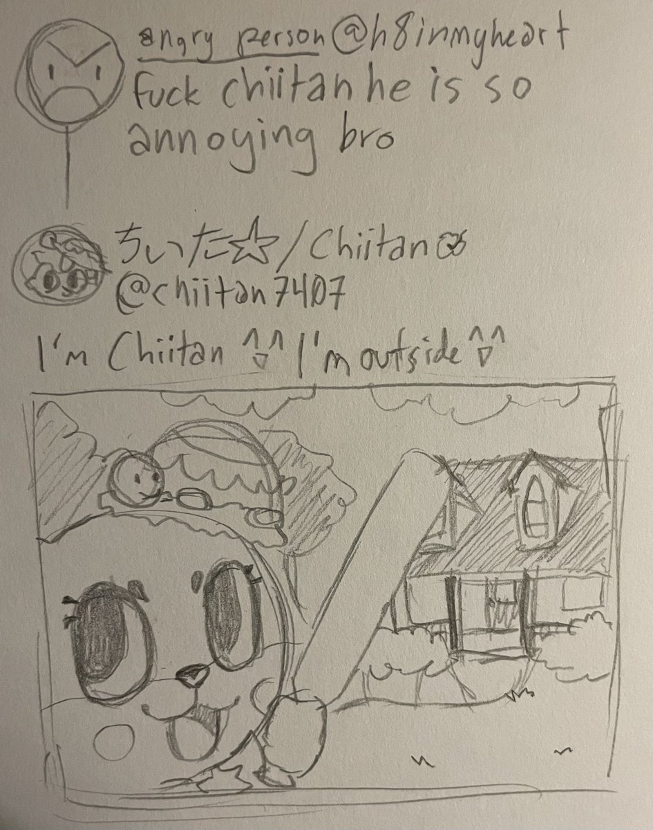 texcritter's tweet image. had a dream last night that someone posted “fuck chiitan i hate chiitan” &amp;amp; chiitan replied with a photo of it outside their house with a metal bat. artist’s rendition: