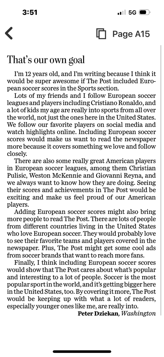 Amy L. Kovac-Ashley (@terabithia4) on Twitter photo Journalists! You've got to read this letter to the editor that my son's friend got published in <a href="/washingtonpost/">The Washington Post</a>. He makes a compelling case based on audience feedback/needs, and offers potential revenue opportunities, for why WaPo should do more coverage of European soccer. 1/ Journalists! You've got to read this letter to the editor that my son's friend got published in <a href="/washingtonpost/">The Washington Post</a>. He makes a compelling case based on audience feedback/needs, and offers potential revenue opportunities, for why WaPo should do more coverage of European soccer. 1/
