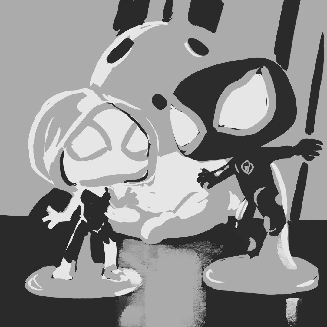 okinuchan's tweet image. Day 01 of colors and light paintings [week 4] - Back at work on values. This time we work in 3 steps:
1st - 3 values structure
2nd - Diffuse light
3rd - Direct Light

#valuespainting #lighting #diffuselight #overcastlight #directlight #spiderman #kodama #spiderverse #funkopop