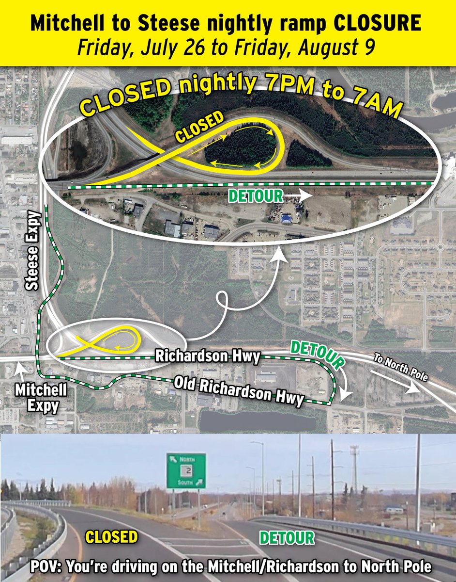 AlaskaDOTPF's tweet photo. Attention, #fairbanks and #fortwainwright! Nightly Closures from 7 p.m.-7 a.m. starting Fri. 7/26 through Fri. 8/9 on the ramp from the EB Mitchell Expressway to NB Richardson Hwy.
Detours will be posted. https://t.co/taFoak6DXh
