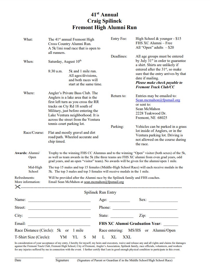 The Fremont XC Team is hosting its annual alumni run.  The race is open to all ages and features a 5k and 1 mile race.  See below for more information!