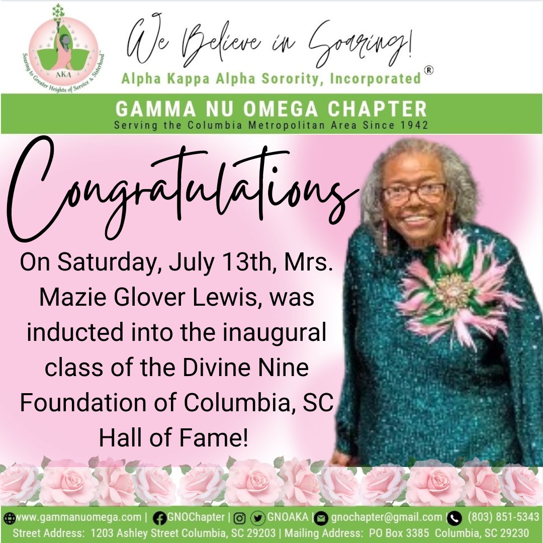 GNO_AKA's tweet photo. Help us congratulate our very own Mrs. Mazie Glover Lewis, member, on being inducted into the inaugural class of the Divine Nine Foundation of Columbia, SC (NPHC of Columbia, SC) Hall of Fame!๐๐ฉท๐
#aka1908 #akagno #SARegion https://t.co/1BjTsXqM4o