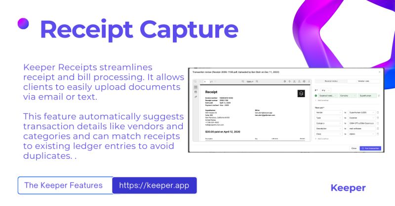 evolutionize your receipt management with Keeper Receipts!

Our cutting-edge AI simplifies how you collect and process client documents. Say goodbye to manual data entry with features that automatically categorize transactions and match receipts to ledger entries.