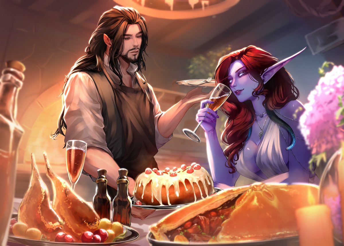 nyndart's tweet photo. I FORGOT TO PUT THE ENTIRE PICTURE OF THE DATE!!! Omg, I'm so dumb! A date between a human and a void elf. There's nothing better than food to fill up that void ~

#wow #artwork #warcraft #nyndart #artshare https://t.co/AXf5Fu9cat