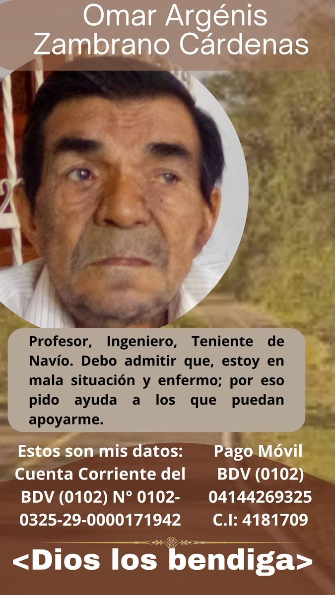 sinopsisFDV123's tweet photo. AYUDA SOCIAL. 
Omar Argenis Zambrano Cárdenas, es un adulto mayor de escasos recursos económicos, quien en estos momentos pasa una situación de salud delicada.

Espera de su apoyo para operarse.

Bendiciones.
@NicolasMaduro @dcabellor @rafaellacava10 @CambiandoV_Tves @TvesSonrie https://t.co/pHrjGrSjyj