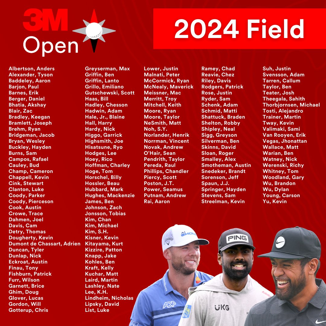 3MOpen's tweet photo. The #3MOpen field has been finalized! Who will be this year's champion? 🤔 
Leave your predictions in the comments! https://t.co/rgOxUDwke4