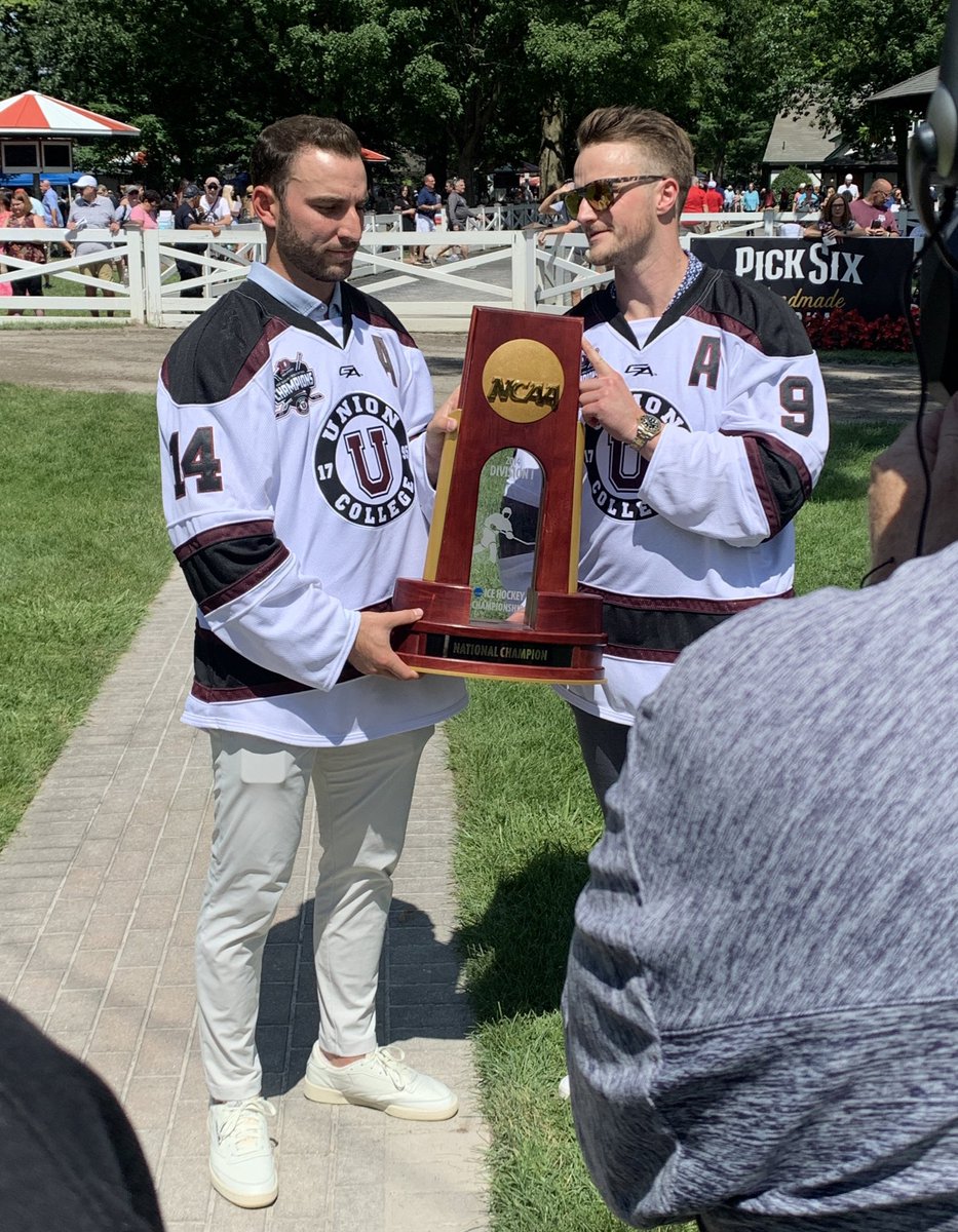 Unionmhockey's tweet photo. The @NCAAIceHockey trophy was all over @TheNYRA Saratoga Race Course today to celebrate the 10-year anniversary of Union’s incredible national title run! #GoU https://t.co/nEfmyCJbBM