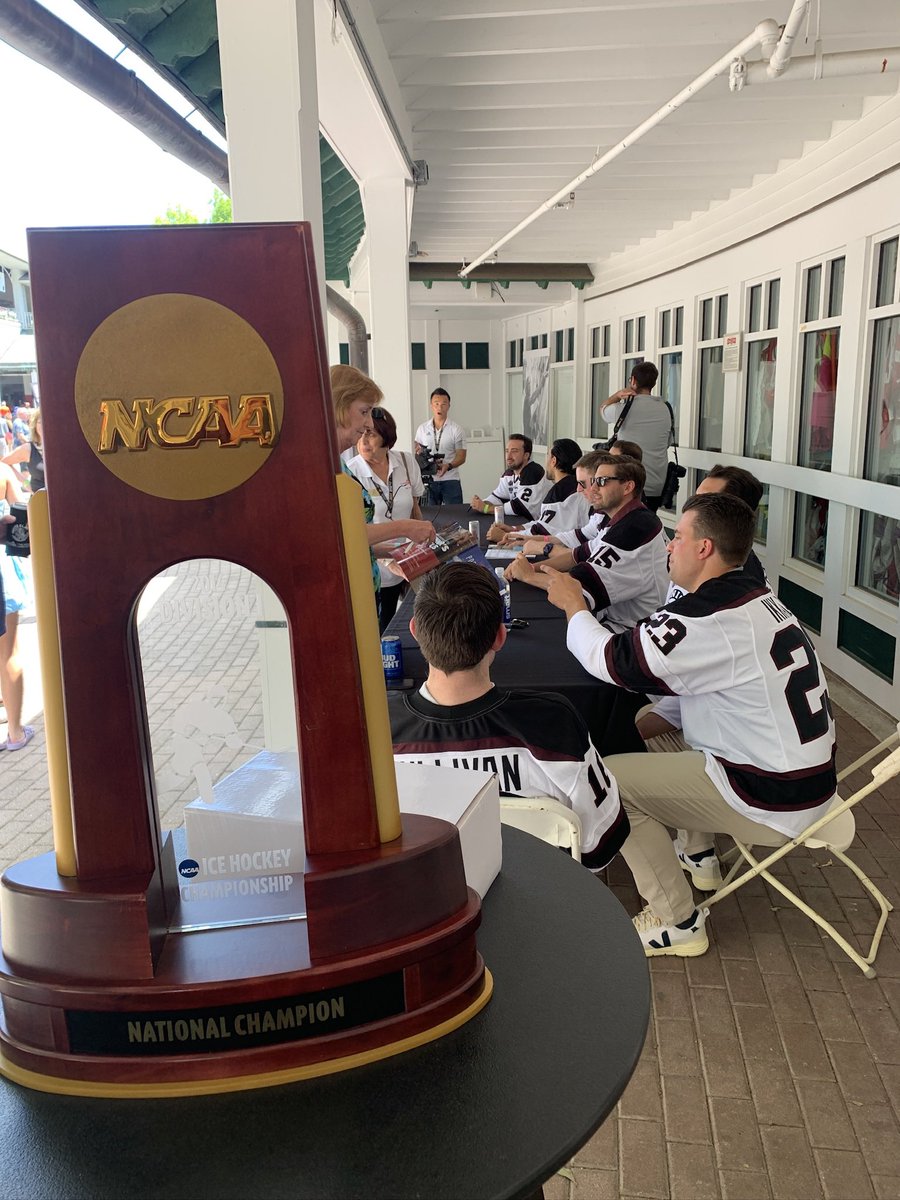 Unionmhockey's tweet photo. The @NCAAIceHockey trophy was all over @TheNYRA Saratoga Race Course today to celebrate the 10-year anniversary of Union’s incredible national title run! #GoU https://t.co/nEfmyCJbBM