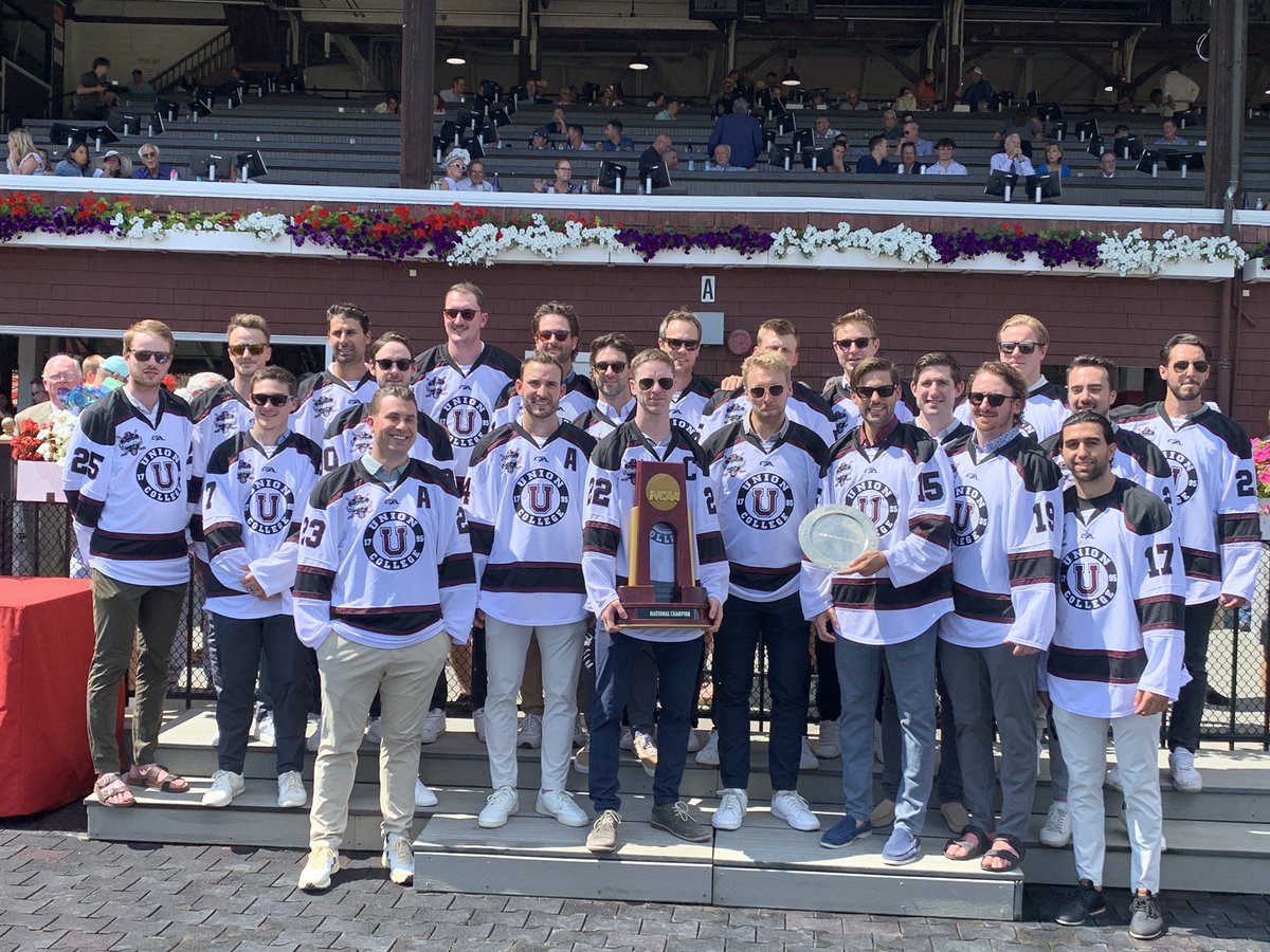 Unionmhockey's tweet photo. The @NCAAIceHockey trophy was all over @TheNYRA Saratoga Race Course today to celebrate the 10-year anniversary of Union’s incredible national title run! #GoU https://t.co/nEfmyCJbBM