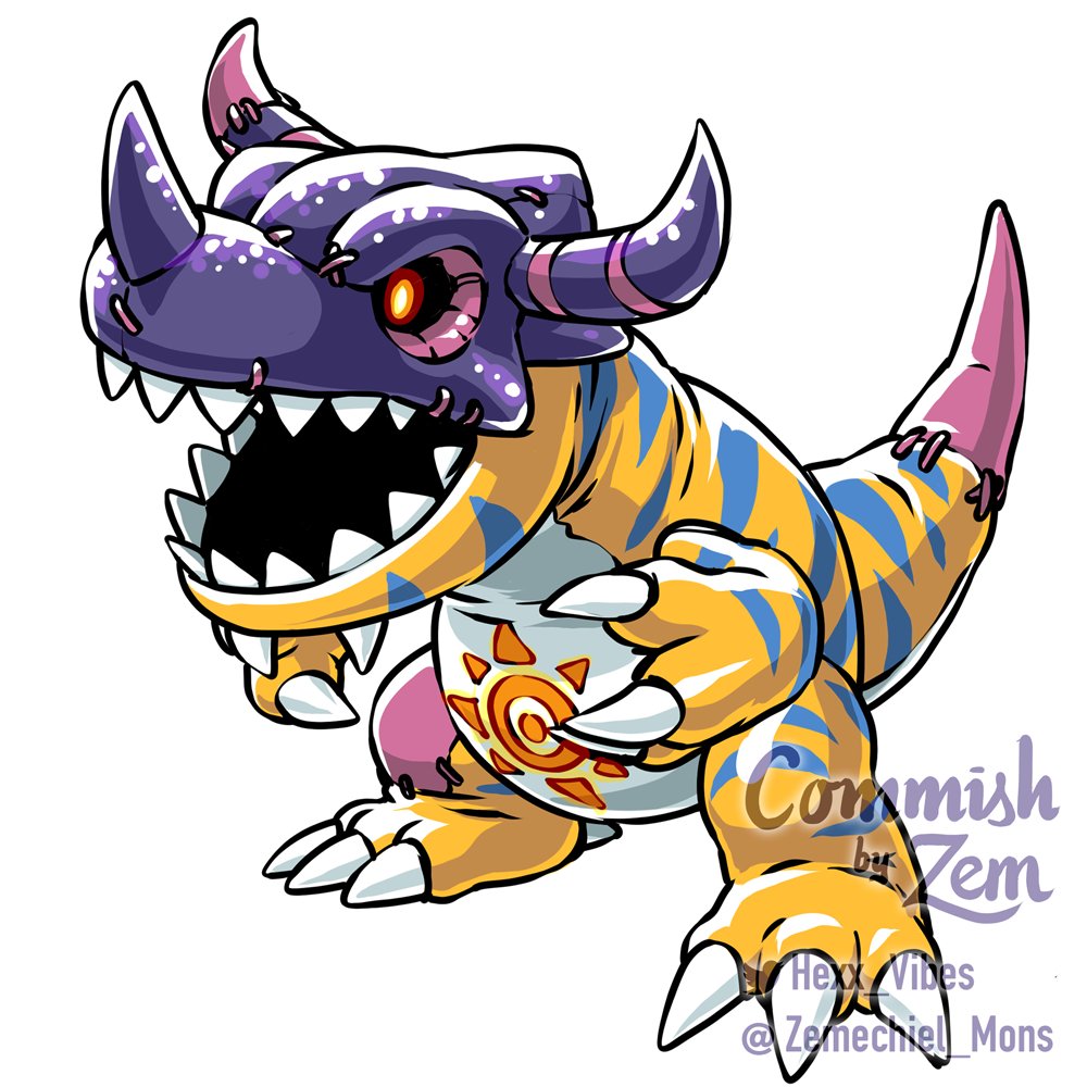 Zemechiel_Mons's tweet image. Design commission for @Hexx_Vibes 
PlushAgumon grows becoming a sturdy, almost impervious bulk, getting enhanced with a robotic frame and a cannon, and even further to the ultimate toy dragon digimon.