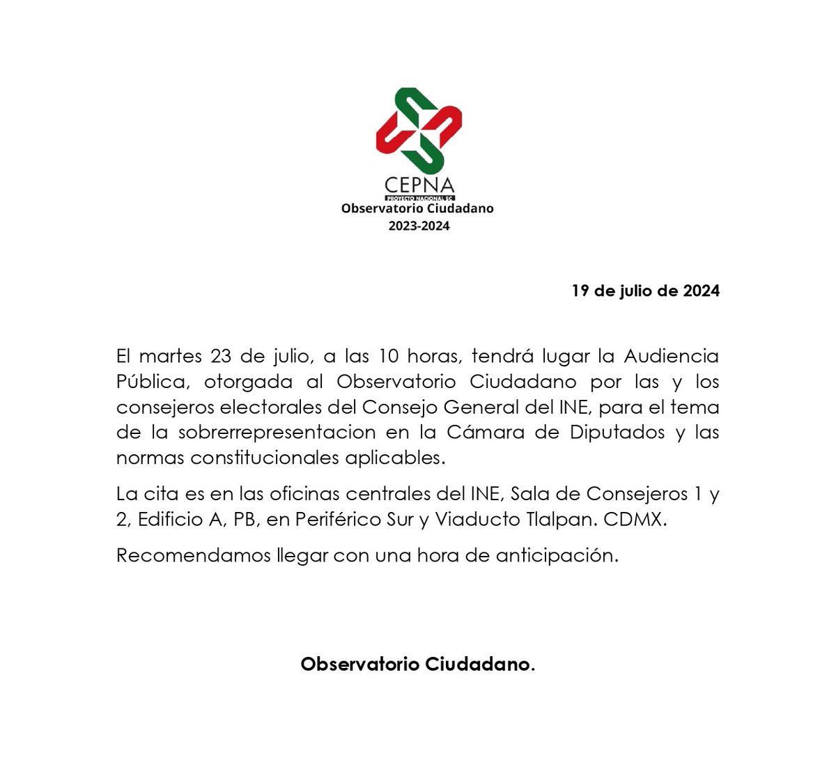 CEPNASC's tweet photo. 🚨 El martes 23 de julio, a las 10 horas, tendrá lugar la Audiencia Pública, otorgada al #ObservatorioCiudadano por las y los consejeros electorales del CG del INE, para el tema de la sobrerrepresentacion en la Cámara de Diputados y las normas constitucionales aplicables. https://t.co/ru2xsNDH04
