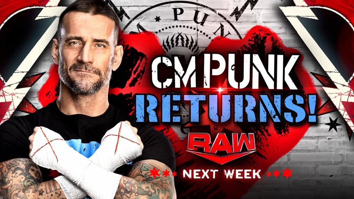 wrestlingDM's tweet photo. CM PUNK RETURNS ON MONDAY. TIME FOR TTHE BULID UP FOR CM PUNK VS DREW🔥🔥 #WWERaw #Smackdown https://t.co/z5LqFfZWvD