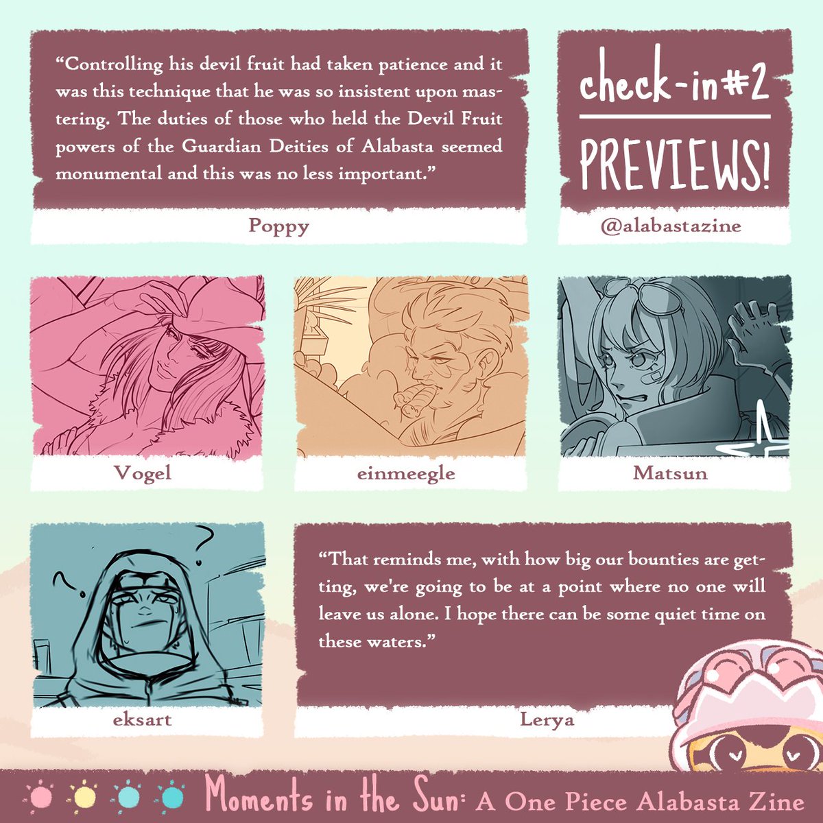 Come with Karoo and take a look at some previews!! 💛

Featuring the amazing works of:
@itspopples, @VogelspinneXIV, <a href="/einmeegle/">meegle 🏳️‍🌈</a>, <a href="/ni_matsun/">matsun ✦ 🍉</a>, <a href="/_eksart/">Certified Silly</a> and <a href="/Lerya_Fanfic/">Lerya</a>!