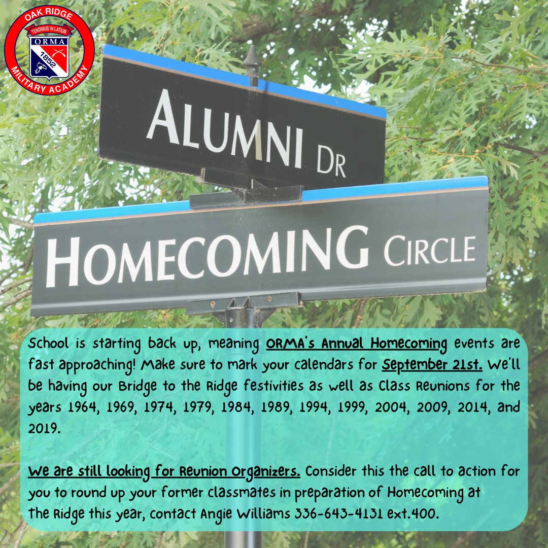 Oak Ridge Military Academy (@orma1852) on Twitter photo See you at Homecoming! Contact Angie Williams at awilliams@oakridgemilitary.com with any questions.
#MilitaryAcademy #BoardingSchool #OakRidge #NorthCarolina #JROTC #PrivateSchool #Homecoming2024 #HOCO24 #SchoolDance #Alumni #ClassReunion See you at Homecoming! Contact Angie Williams at awilliams@oakridgemilitary.com with any questions.
#MilitaryAcademy #BoardingSchool #OakRidge #NorthCarolina #JROTC #PrivateSchool #Homecoming2024 #HOCO24 #SchoolDance #Alumni #ClassReunion