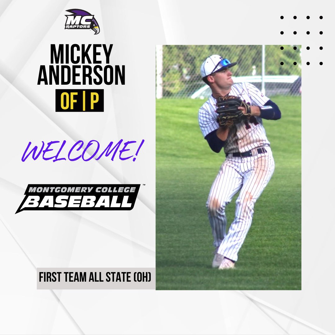 MC Baseball welcomes Mickey Anderson to the Raptor family! 

Position: OF &amp; P 
Hometown: Piqua, OH 
High School: Piqua HS 
First Team All-State (OH)