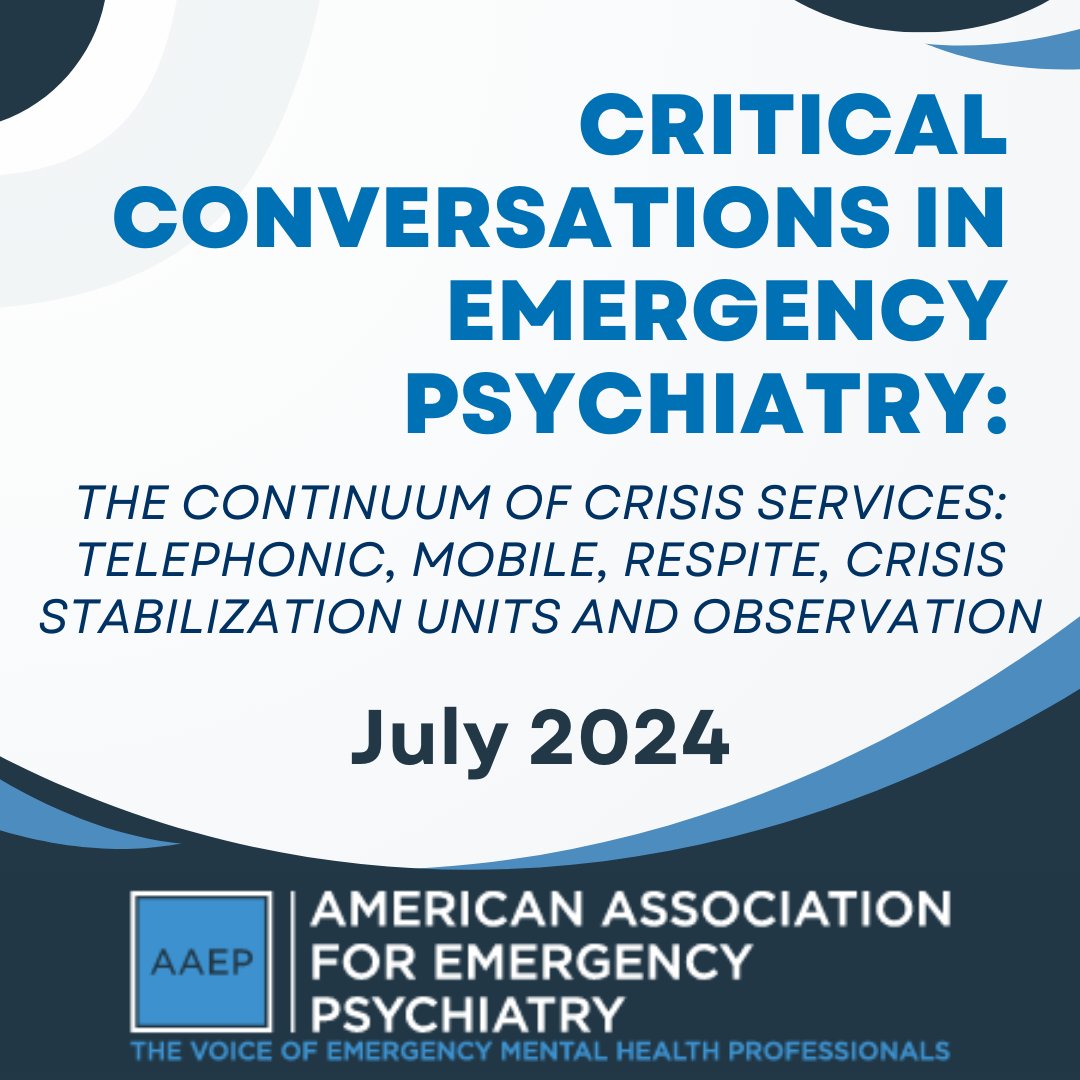 AAEPpsych's tweet photo. 📢 FREE AAEP Member-Exclusive Webinar! 
➡️ Topic: The Continuum of Crisis Services: Telephonic, Mobile, Respite, Crisis Stabilization Units &amp; Observation
📅 Date/Time: July 25, 10PT/11MT/12CT/1ET 🕐
Moderator: Michael H. Allen, MD
Members Register Now! https://t.co/wmtkxzl2Bl https://t.co/5xoKR0FZ30