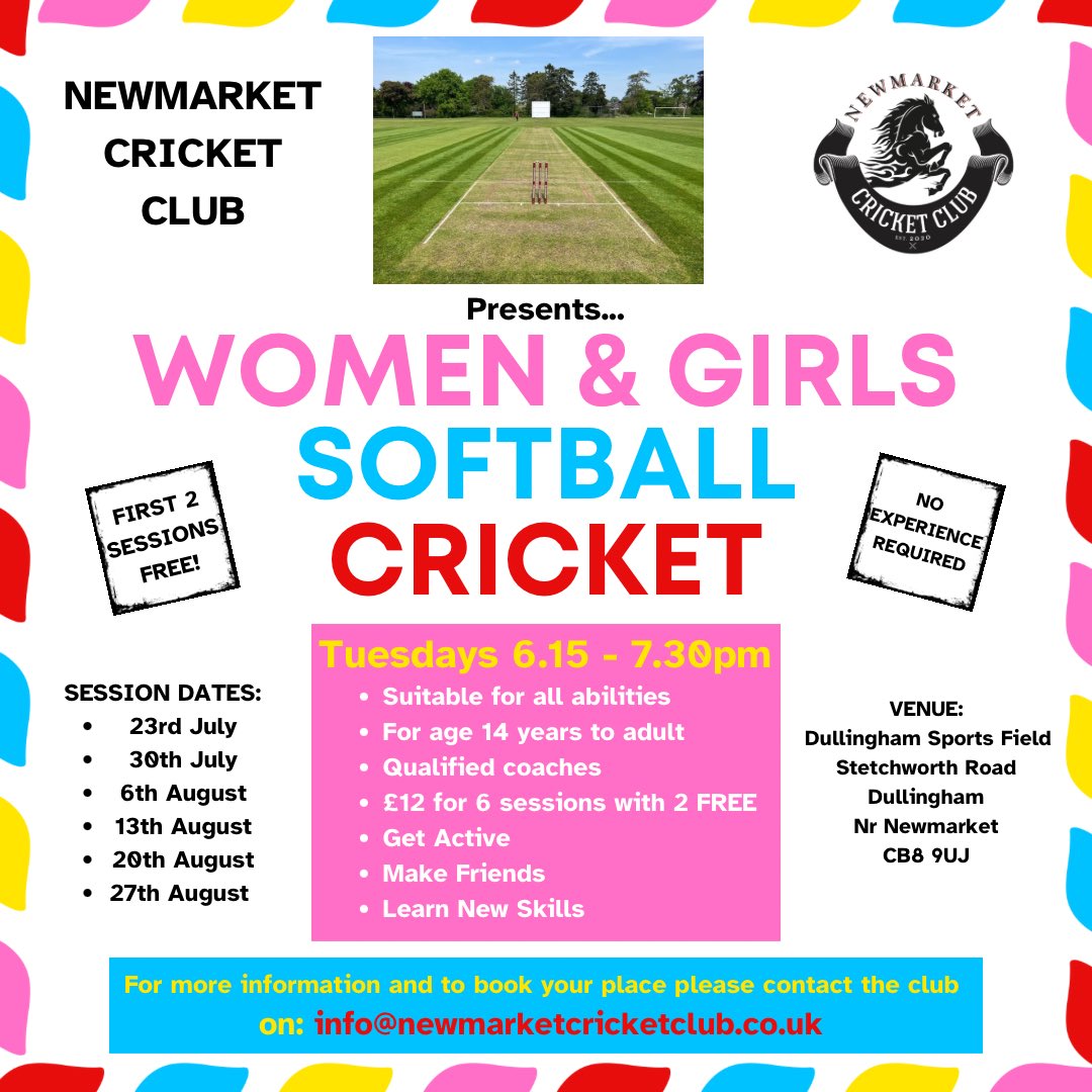 Newmarket Cricket Club (@newmarket_cc) on Twitter photo We are delighted to announce softball sessions for Women & Girls starting Tuesday coming.
For more information please contact: info@newmarketcricketclub.co.uk
🥂🏏 We are delighted to announce softball sessions for Women & Girls starting Tuesday coming.
For more information please contact: info@newmarketcricketclub.co.uk
🥂🏏