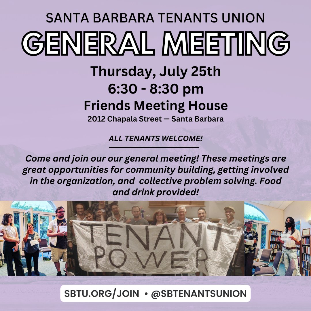 sbtenantsunion's tweet photo. General meeting on Thursday, July 25th. Come join us and get a chance to connect to build tenant power. Food and drink will be provided. All tenants welcome!⁠ https://t.co/bxZOizI9eU