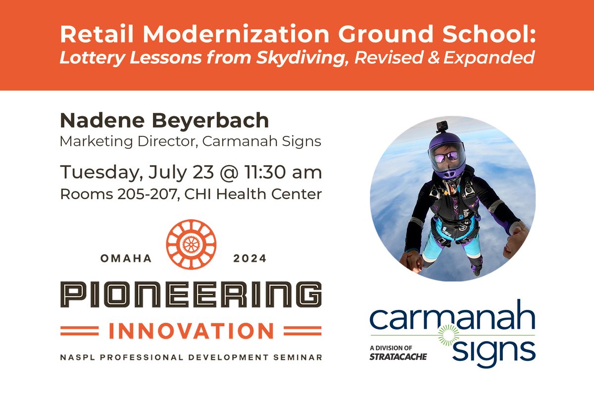 CarmanahSigns's tweet photo. What can jumping out of airplanes teach us about leaping forward at #lottery #retail? Join Nadene Beyerbach, experienced lottery marketer &amp; professional skydiver, at @NASPL_HQ PDS for “Retail Modernization Ground School” to find out! Tuesday, July 23rd at 11:30 am, Rooms 205-207. https://t.co/wYzth3oX6J