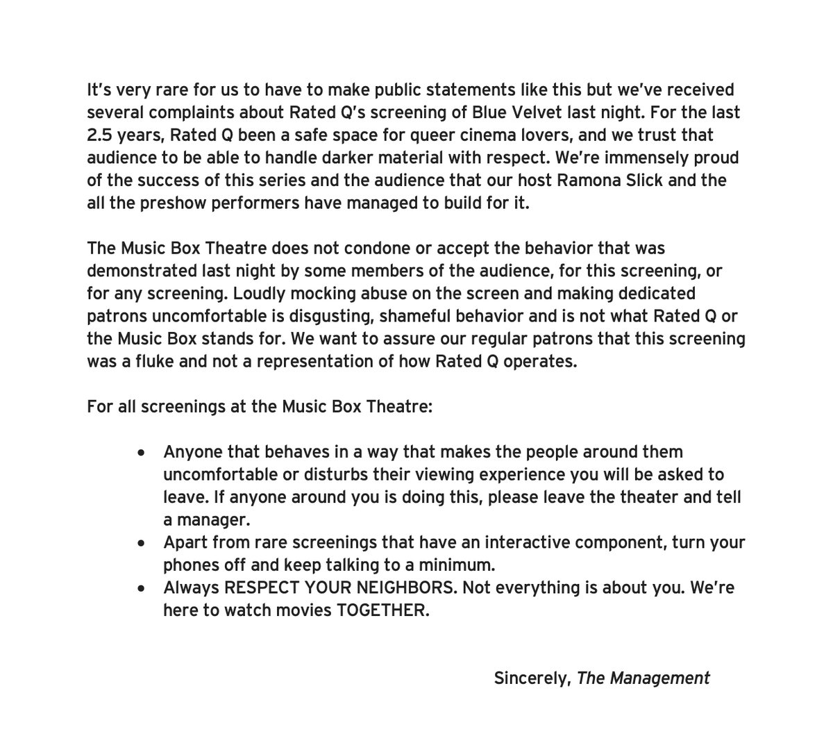 musicboxtheatre's tweet photo. For the most part our audiences are wonderful, but if you can’t follow these basic rules, please stay home. https://t.co/pqE3vNOtba