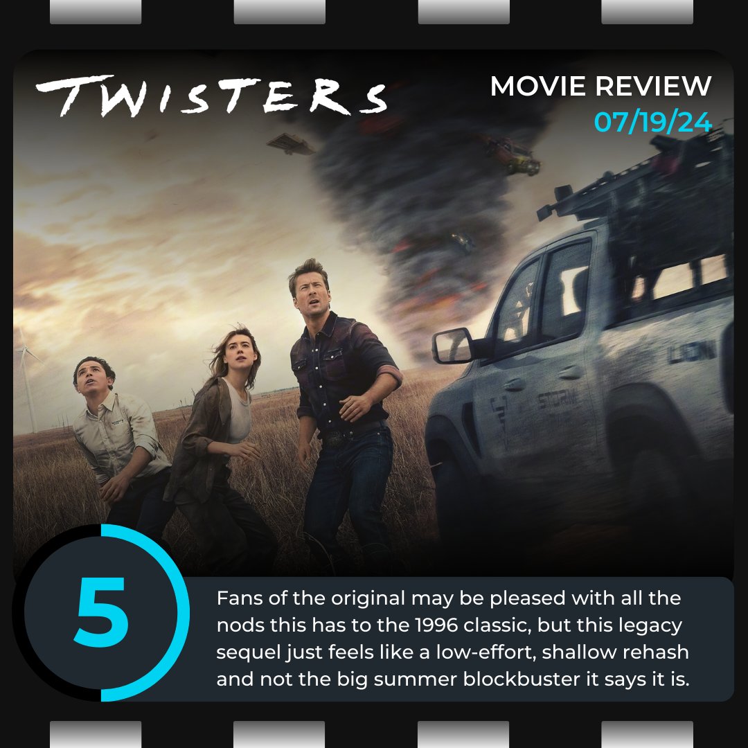 ThePoppinPod's tweet photo. 🌪️ #Twisters Review: 5/10
What feels like a corporate effort to piggyback off the success of Top Gun: Maverick and revive a cult classic with a legacy sequel, this one lacks the care and craft to make it feel fresh or needed. 

#MovieReview https://t.co/o73cD8X2q9