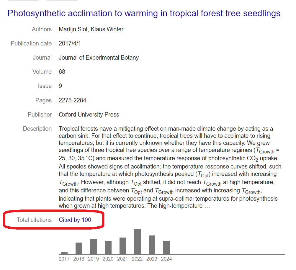martijn_slot's tweet photo. Nice to see that this @JXBot paper on thermal acclimation of photosynthesis of tropical tree species reached 100 citations. 
I know citations don't mean much, but I like this study, it was a key part of my postdoc, and 100 is a nice number :)
https://t.co/i04r59ZqKf https://t.co/WCcCntLAxD