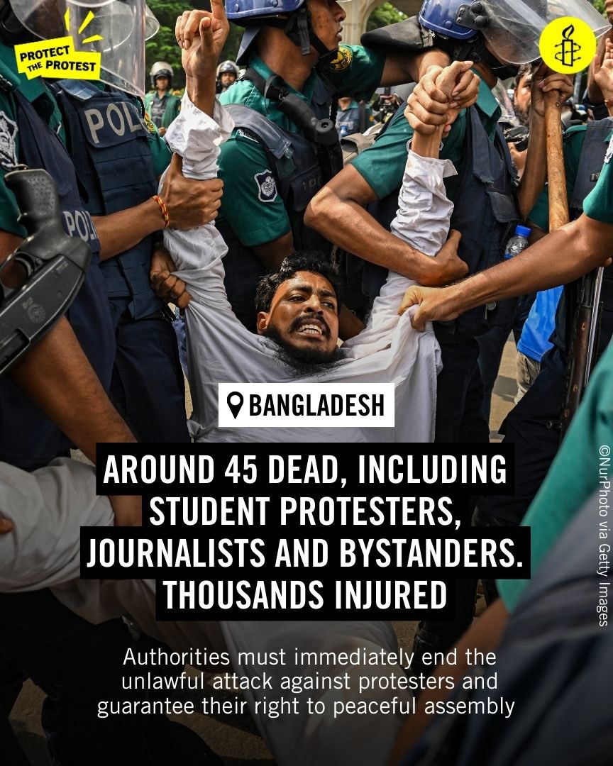 BANGLADESH 🇧🇩: The rising death toll is a shocking indictment of the absolute intolerance shown by the Bangladeshi authorities to protest and dissent. The unlawful force used against protesters shows a callous disregard for the right to life and an abject failure by law