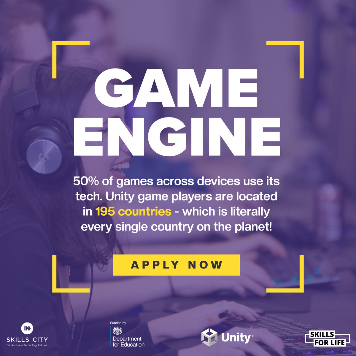 Sign up now for our free 12-week Game Engine Skills Bootcamp and learn 2D and 3D game development, user interface design, game mechanics, and more from industry experts.

Limited spots are available! 
Eligibility: 19 or over, England resident. 

Apply at: apply.skills-city.com
