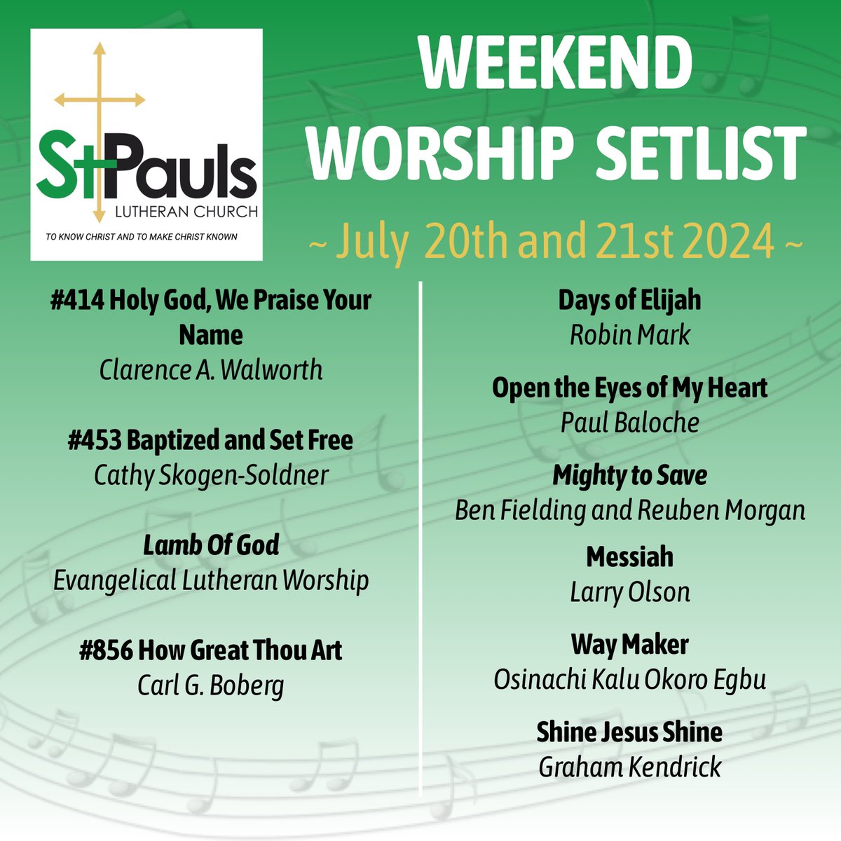 🎶 Excited for this weekend's worship experience! Join us as we lift our voices with songs of praise and reflection. Here's a sneak peek at our Weekend Worship Setlist! #stpaulsgi #GrandIslandNE #NESynod #ELCA