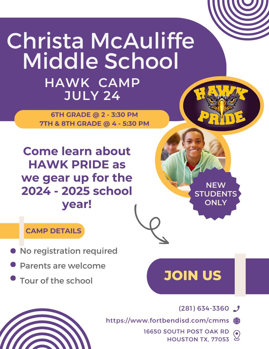 Calling all 6th graders and new students to Hawk Camp at Christa McAuliffe Middle School on July 24th! Don't miss #HawkCamp2024!