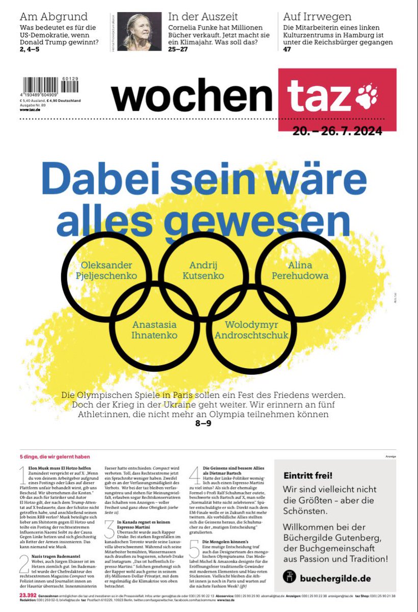 Seit Beginn des Krieges in der Ukraine sind 462 uk­rai­ni­sche Spor­t­le­r und Trai­­ne­rin­nen getötet worden. Einige von ihnen hatten den Traum, bei den Olym­pi­schen Spielen in Paris dabei zu sein. Unsere Titelgeschichte <a href="/wochentaz/">wochentaz</a>