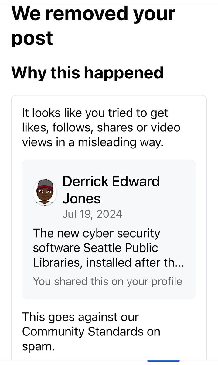 deuceohsixx's tweet photo. Facebook removed my post claiming I was spamming when I wasn’t. At least I didn’t get suspended. The last time I got suspended was 2-3 years ago for “hate speech” for calling #SafeSeattle a hate group. https://t.co/a7xcjgzRY7