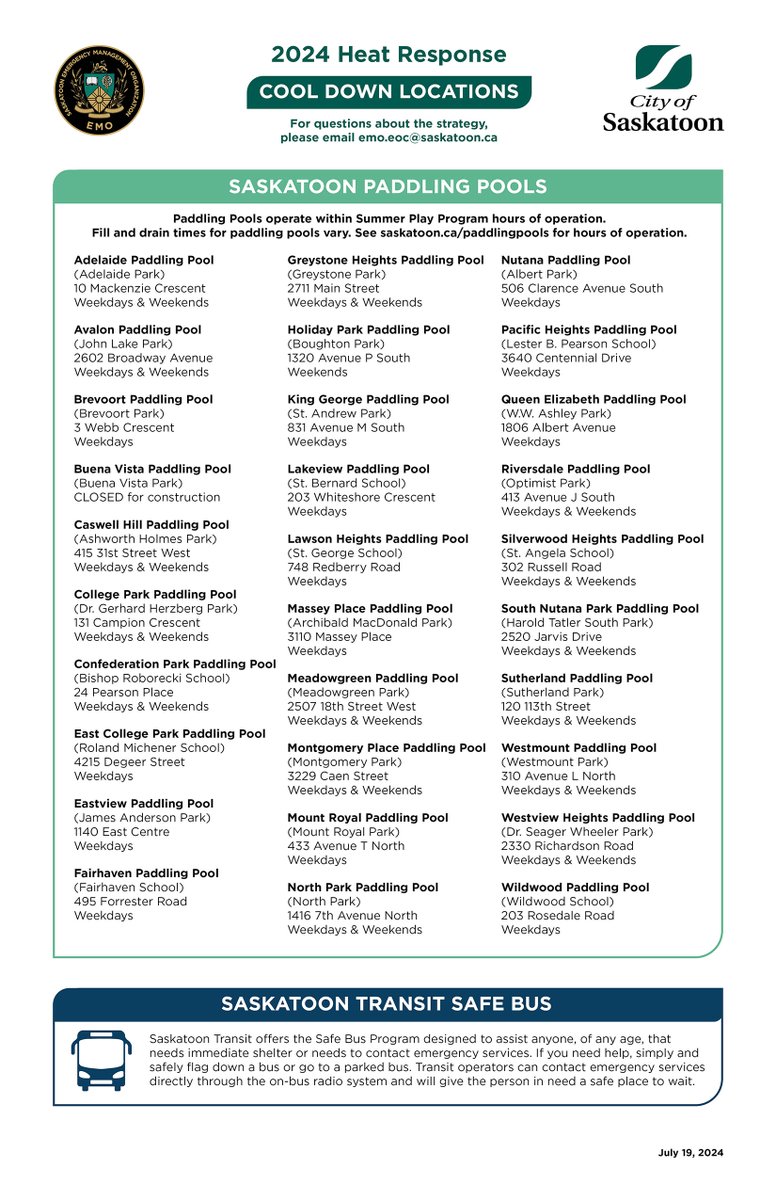 👀 We’ve updated our poster with the latest list of Cooling Locations! The extreme heat is expected to continue throughout the weekend 🔥 Help us share the latest posters across #YXE! For more info, visit saskatoon.ca/heat.