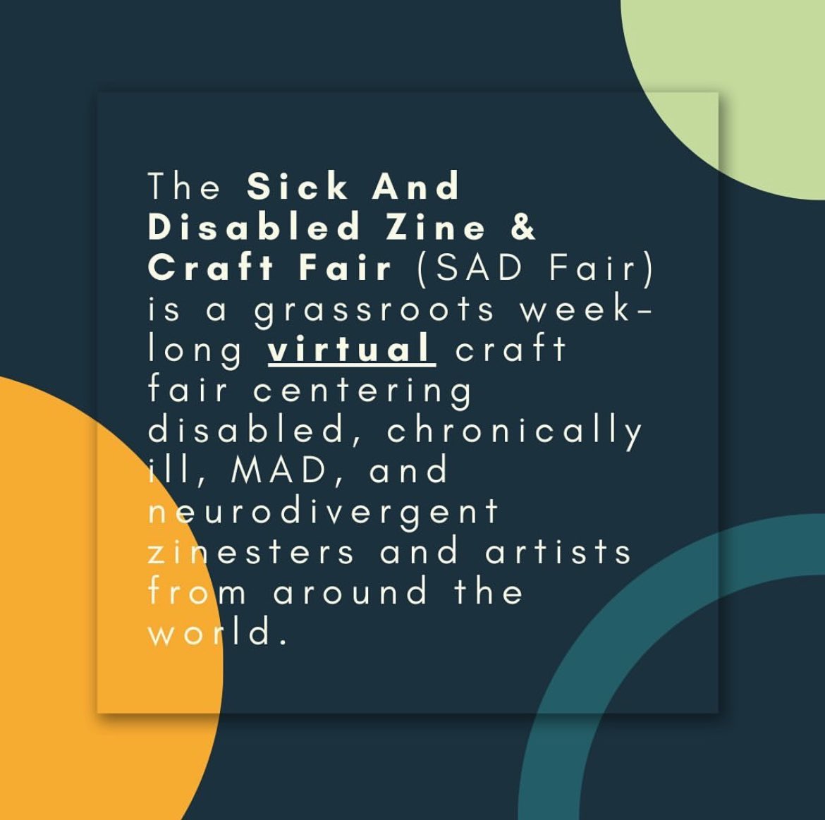 calmingcauldron's tweet photo. SAD Fair has been such a joy and pleasure to work with and we haven’t even started yet!!! Check out this week long virtual market  featuring sick and disabled artists from around the world. There will be virtual tables, live sessions, workshops, stim rooms, and other events all https://t.co/GWJBu6vAJA