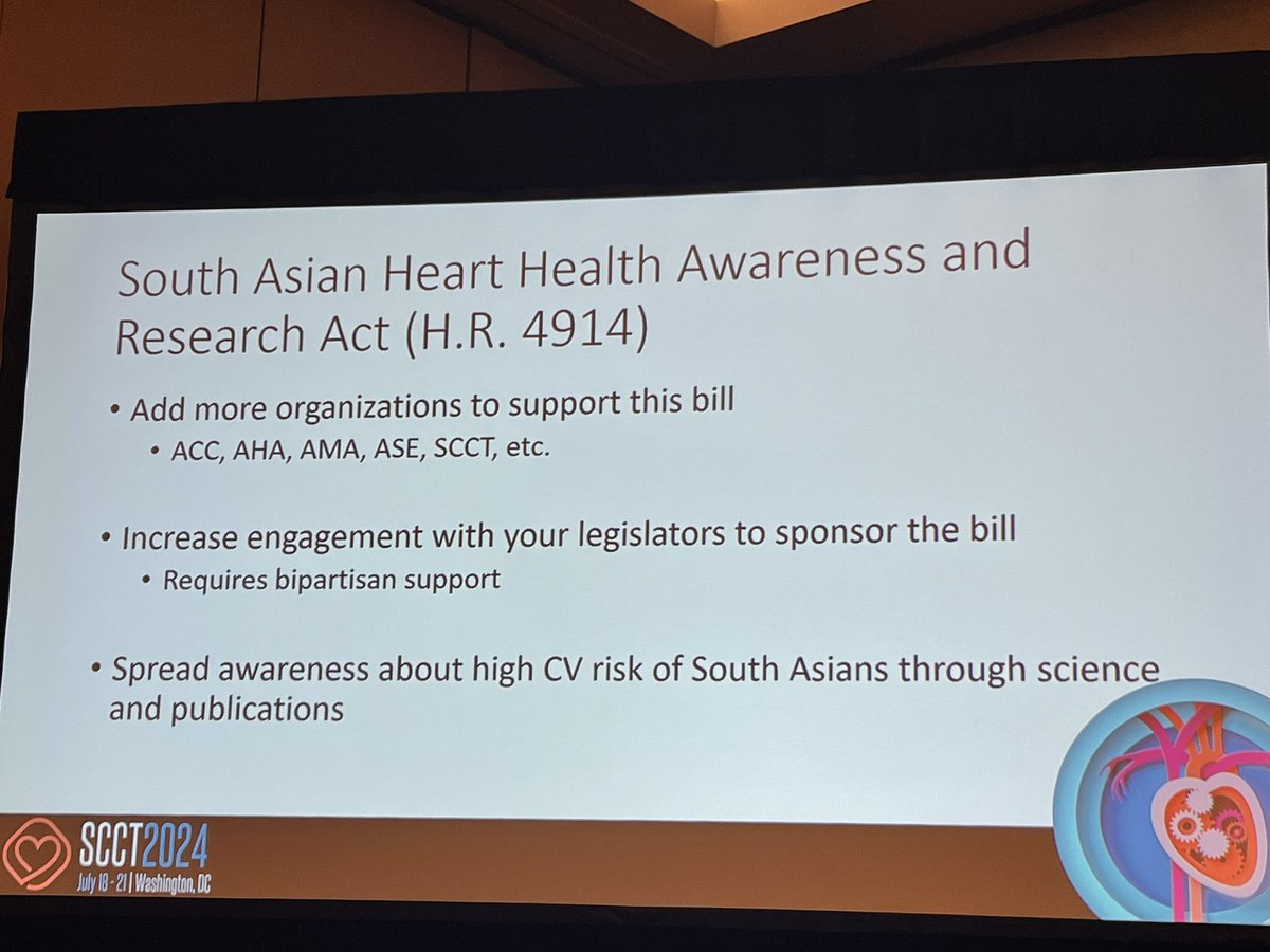 Ritu Thamman MD (@iamritu) on Twitter photo <a href="/DrEugeneYang/">Eugene Yang</a> #SCCT2024
H.R. 3592- South Asian Heart Health Awareness & Research Act advocacy
Build a coalition
<a href="/RepJayapal/">Rep. Pramila Jayapal</a> <a href="/ACCinTouch/">American College of Cardiology</a>
Celebrate small victories-bill 6404 & amendment added less prior authorization
Now Bill HR 4914 (new iteration) need 📝 & education <a href="/DrEugeneYang/">Eugene Yang</a> #SCCT2024
H.R. 3592- South Asian Heart Health Awareness & Research Act advocacy
Build a coalition
<a href="/RepJayapal/">Rep. Pramila Jayapal</a> <a href="/ACCinTouch/">American College of Cardiology</a>
Celebrate small victories-bill 6404 & amendment added less prior authorization
Now Bill HR 4914 (new iteration) need 📝 & education