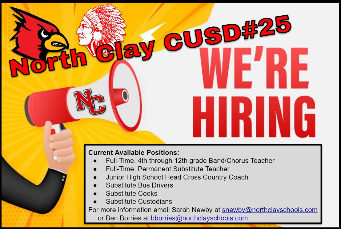 Join the North Clay Family and make a difference in the lives of students!  #WeAreNorthClay 
<a href="/eiu/">#EIU</a> <a href="/EIU_CollegeOfEd/">EIU's College of Education</a> <a href="/RegOffEd12/">ROE #12</a>