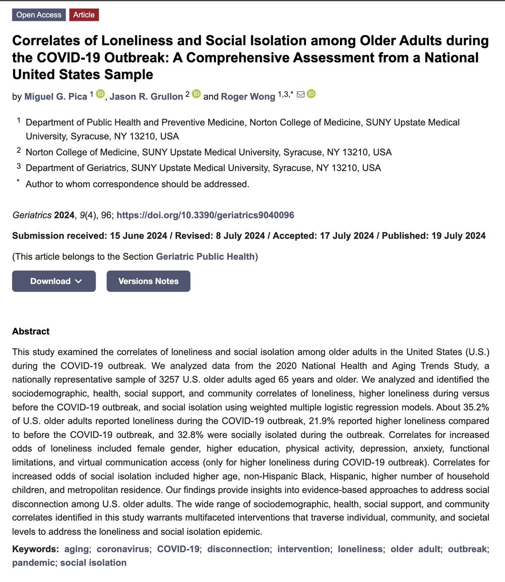 RogerWongPhD's tweet photo. An @UpstateDPHPM #MPH student examined protective and risk factors for #Loneliness and #SocialIsolation among #OlderAdults for his final project in my Advanced Biostatistics course using a national U.S. sample. Full text of publication is available free: https://t.co/mtaEqzgVrj https://t.co/NxLXen9QqU