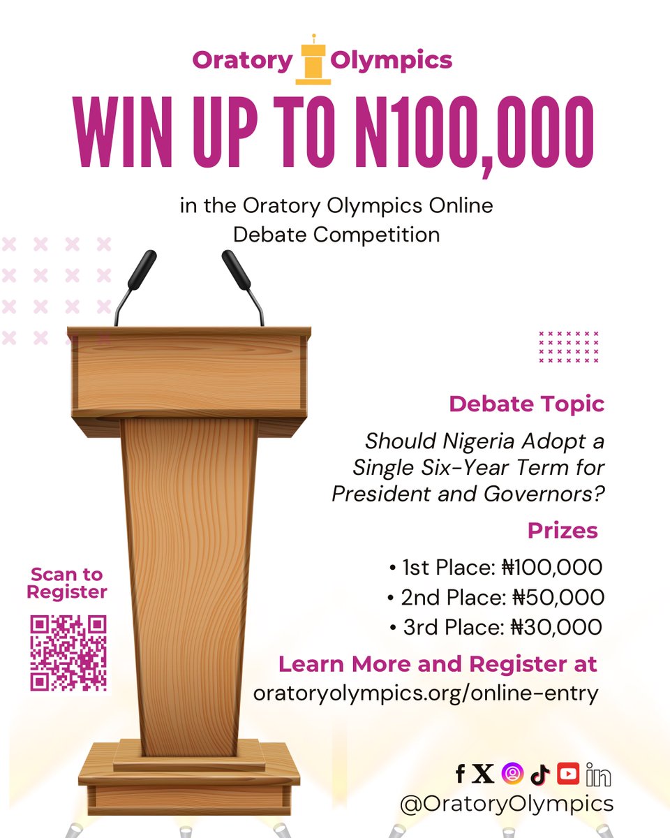 GlobalSola's tweet photo. Should Nigeria Adopt a Single Six-Year Term for President and Governors?

Join the debate and stand a chance of winning up to ₦100,000.

#OratoryOlympics https://t.co/1iyrTZmckx