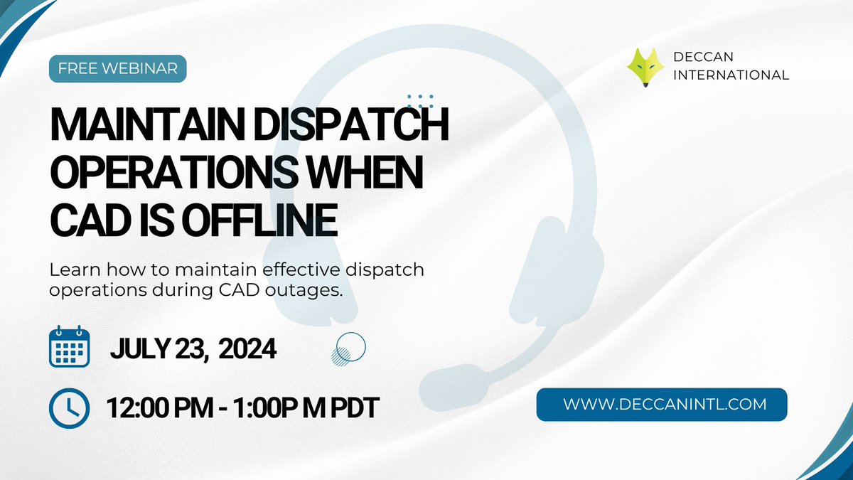 DeccanIntl's tweet photo. 🚨 Tackling CAD Outages 🚨
Is your dispatch center ready for CAD outages? 
What you'll learn:
- Automated call-taking response plan retrieval
- Efficient offline dispatch resource management
- Event data storage for future CAD uploading
Register today: https://t.co/x3nonjbe1D https://t.co/BsC3WX975G