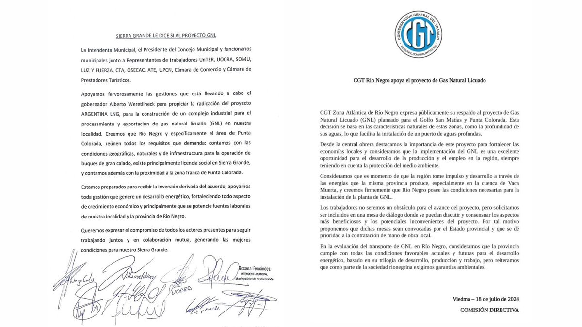 Weretilneck's tweet photo. ES HORA DE QUE LA PATAGONIA EXPORTE POR SUS MARES LO QUE PRODUCE 

Agradecemos a todos los sectores de nuestra provincia que se pronunciaron a favor de esta oportunidad histórica. Gracias por su compromiso con el desarrollo de la nueva Planta de GNL de @YPFoficial y @Petronas, que representa la inversión más importante de la historia argentina y que necesita el apoyo de sectores protagonistas de la vida económica rionegrina. 

La @feernrionegro llamó a la inclusión de las pymes locales y expresó su respaldo. En San Antonio Oeste, la Cámara de Comercio, Industria, Producción, Servicio y Turismo del Puerto SAE también manifestó su interés y aceptación de las inversiones en la zona.

Por su parte, representantes de distintos sectores de Sierra Grande: @unter_cdc, @uocra, @SOMU_arg, Luz y Fuerza, @CTAok, OSECAC , @aterionegro, @UPCNok, de la Cámara de Comercio y Cámara de Prestadores Turísticos, expresaron su acompañamiento a las gestiones que estamos llevando adelante.

La @cgtoficialok Río Negro zona Atlántica, también sumó su  respaldo público al proyecto, destacando su importancia para el desarrollo productivo, del empleo regional y solicitando ser parte del diálogo continuo sobre el tema. Además, el @sindpetroleros manifestó su apoyo al proyecto en las costas atlánticas de Río Negro.

Estamos muy contentos de recibir este enorme acompañamiento, sabemos la importancia de cada institución para hacer posible esto. Es hora de que la Patagonia pueda exportar por su mares, lo que con tanto esfuerzo produce. ¡Somos muchos los que le decimos SI a la Planta de GNL!