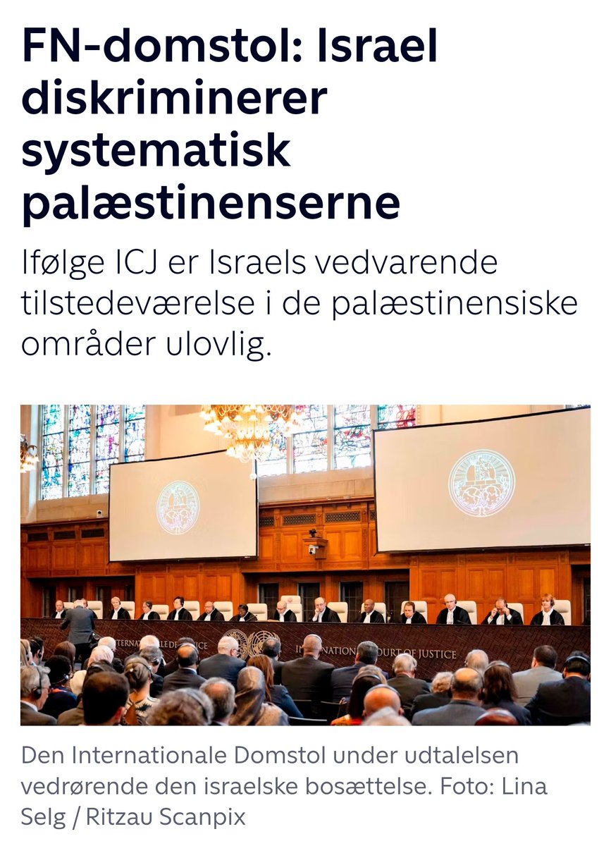 FN's højeste domstol:

-Israel diskriminerer systematisk palæstinenserne.
-Israels vedvarende tilstedeværelse i de palæstinensiske områder er ulovlig.
-Israel skal betale for de ødelæggelser, besættelsen af områderne har medført.
-Israel må indstille alle nye