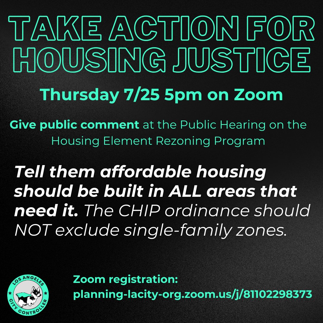 Should single-family zones exclude affordable housing OR should affordable housing be built equitably throughout LA? 🤔

🚨 On Thurs 7/25, City Planning is holding a public hearing on the Citywide Housing Incentive Program (CHIP) which covers these topics

planning-lacity-org.zoom.us/j/81102298373