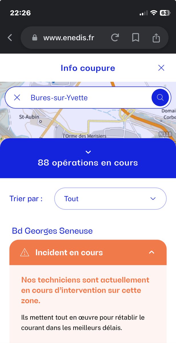 ⁦<a href="/BuresSurYvette/">Ville de Bures</a>⁩ Panne d’électricité sur plusieurs rues en cours. ⁦<a href="/enedis/">Enedis</a>⁩ 88 opérations en cours. Heure estimée de rétablissement minuit et demi.